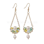 Natural Pearl & Glass Teardrop with Flower Dangle Earrings, Golden Brass Jewelry for Women, Yellow Green, 74mm, Pin: 0.5mm(EJEW-TA00222-02)
