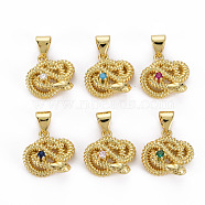 Brass Micro Pave Cubic Zirconia Charms, Cadmium Free & Nickel Free & Lead Free, Real 16K Gold Plated, Snake, Mixed Color, 13.5x14x6mm, Hole: 3x5mm(KK-Q283-052-NR)