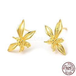 925 Sterling Silver Stud Earring Findings, Flower, for Half Drilled Beads, Real 18K Gold Plated, 14x7.5x4mm, Pin: 0.6mm(STER-M114-20G)