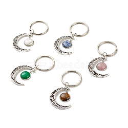 Natural Mixed Gemstone Cabochons Keychain, with Alloy Hollow Pendant, 304 Stainless Steel Pendant Cabochon Settings, Moon with Half Round, 7.4cm(X-KEYC-JKC00281)