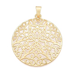 Plating Alloy Big Pendants, Hollow Flat Round with Flower, Lead Free & Nickel Free & Cadmium Free, Golden, 73.5x66x3mm, Hole: 5~5.5x11.5~12mm(PALLOY-T090-17G)