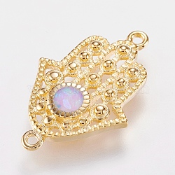 Brass Links connectors, with Synthetic Opal, Hamsa Hand/Hand of Fatima/Hand of Miriam, Golden, Pink, 20x13x2mm, Hole: 1mm(KK-I613-16G-04)
