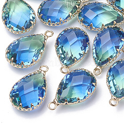 K9 Glass Imitation Tourmaline Pendants, with Golden Tone Brass Findings, Faceted, teardrop, Deep Sky Blue, 23x13.5~14x8mm, Hole: 2mm(X-GLAA-Q069-02C)