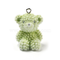 Flocky Opaque Resin Pendants, with Platinum Iron Loops,  Bear Charm, Lawn Green, 34x25x22mm, Hole: 2.5mm(CRES-F033-05)