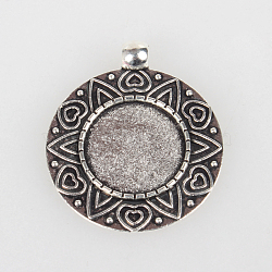 Vintage Tibetan Style Alloy Carved Heart Pendant Cabochon Bezel Settings, Cadmium Free & Lead Free, Antique Silver, Flat Round Tray: 18mm, 37x32x2mm, Hole: 4mm(X-TIBEP-O006-57AS)