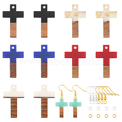 DIY Dangle Earring Making Kits, Including Resin & Wood Pendants, Brass Earring Hooks & Jump Rings, Cross, Mixed Color, Pendants: 26x16x3mm, Hole: 1.8mm, 6 colors, 2pcs/color, 12pcs/box(DIY-OC0005-02)