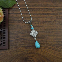 Exotic Ethnic Style Miao Silver & Synthetic Turquoise Drop Pendant Necklaces, Antique Silver, Rhombus(NL3465-4)