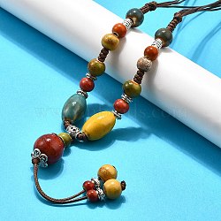 Ethnic Style Alloy & Porcelain Ceramic Beads Round Pendant Tassel Y Necklaces, Adjustable Waxed Cord Necklaces, Colorful, 21.65 inch(55cm)~35.43 inch(90cm), pendant: 100x17mm(NJEW-D308-01A)