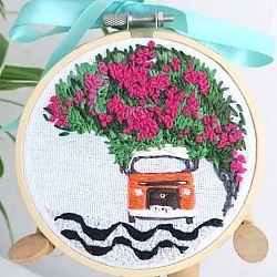 DIY Car & Flower Pattern Embroidery Starter Kit, Cross Stitch Kit Including Imitation Bamboo Frame, Carbon Steel Pins, Cloth and Colorful Threads, Medium Violet Red, 177x164x8.5mm, Inner Diameter: 144mm(DIY-C038-10)