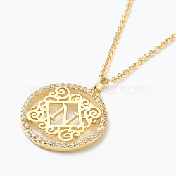 Brass Micro Pave Clear Cubic Zirconia Pendant Necklaces, Flat Round with Letter, Real 18K Gold Plated, Letter.N, 16.14~17.20 inch(41~43.7cm)(NJEW-J059-01N)