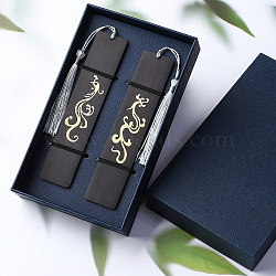Dragon & Phoenix Pattern Wooden Bookmarks, Rectangle Bookmark with Tassel Pendant, Black, 140x27x2mm, 2pcs/set(WG13457-01)