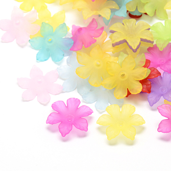 Transparent Acrylic Beads, Flower, Frosted, 6-Petal, Mixed Color, 26x23x6mm, Hole: 2mm, about 790pcs/500g