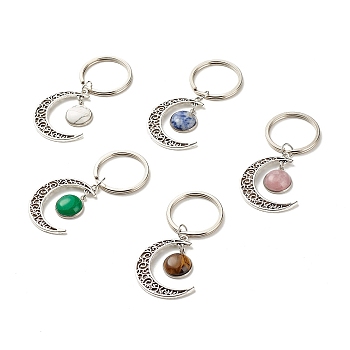Natural Mixed Gemstone Cabochons Keychain, with Alloy Hollow Pendant, 304 Stainless Steel Pendant Cabochon Settings, Moon with Half Round, 7.4cm