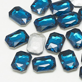 Pointed Back Glass Rhinestone Cabochons, Faceted, Rectangle Octagon, Capri Blue, 18x13x5mm
