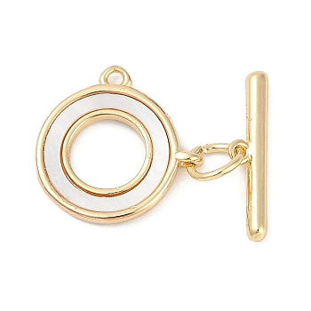 Brass & Shell Toggle Clasps, Flat Round, Real 18K Gold Plated, Flat Round: 15x15x1.5mm, Hole: 1.2mm, Bar: 16x4x2mm, Hole: 1mm