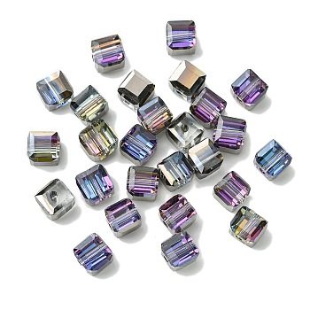 100Pcs Transparent Electroplate Glass Beads, Half Rainbow Plated, Faceted, Cube, Black, 7x7x7mm, Hole: 1.6mm