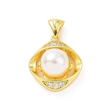 Eco-friendly Rack Plating Brass Micro Pave Cubic Zirconia Pendants, with ABS Platic Imitation Pearls, Cadmium Free & Lead Free, Long-Lasting Plated, Rhombus Eye Charm, Real 18K Gold Plated, 20.5x18x11mm, Hole: 2.5x4.5mm