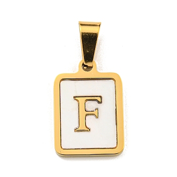 PVD Vacuum Plating 304 Stainless Steel Pave Natural White Shell Pendants, Rectangle with Letter Charms, Golden, Letter F, 17.5x12x1.5mm, Hole: 6x3mm