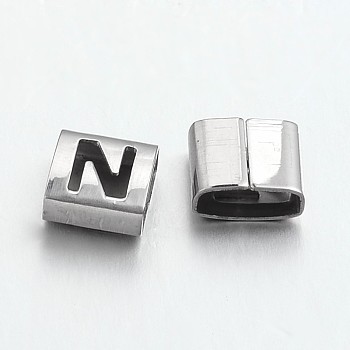 Tarnish Resistant Letter Style 201 Stainless Steel Square Slide Charms, Letter.N, 9x8x4mm, Hole: 8x3mm