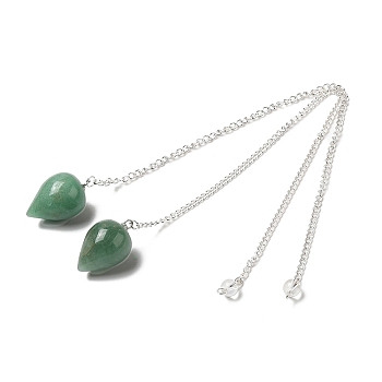 Natural Green Aventurine Dowsing Pendulums, with Silver Tone Iron Chains, Teardrop Pendant, 235mm, Hole: 1.6mm