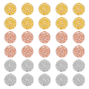 Elite 30Pcs 3 Colors Rack Plating Brass Hollow Beads, Cadmium Free & Lead Free, Round, Mixed Color, 8mm, Hole: 1.2mm, 10pcs/color