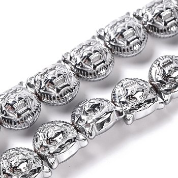 Electroplated Synthetic Non-magnetic Hematite Beads Strands, Tiger's Head, Platinum Plated, 11.5x11.5x7.5mm, Hole: 1.2mm, about 35pcs/strand, 15.55''(39.5cm)