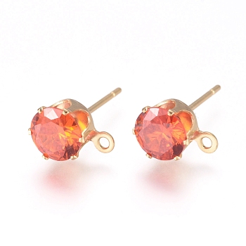 Brass Stud Earring Findings, with 316 Surgical Stainless Steel Pin, Cubic Zirconia and Loop, Long-Lasting Plated, Flat Round, Real 14K Gold Plated, Orange Red, 8x6x5.5mm, Hole: 1mm, Pin: 0.7mm