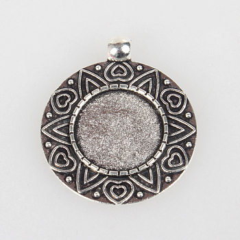 Vintage Tibetan Style Alloy Carved Heart Pendant Cabochon Bezel Settings, Cadmium Free & Lead Free, Antique Silver, Flat Round Tray: 18mm, 37x32x2mm, Hole: 4mm