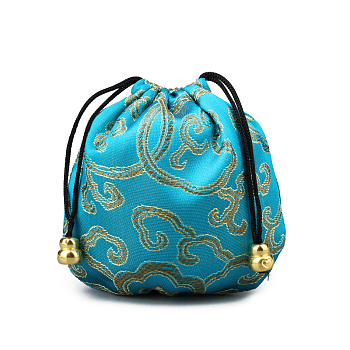 Chinese Style Silk Brocade Jewelry Packing Pouches, Drawstring Gift Bags, Auspicious Cloud Pattern, Dark Turquoise, 11x11cm
