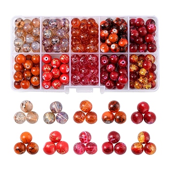 10 Style Spray Painted & Drawbench Transparent & Baking Painted Glass Beads, Round, Orange Red, 8~9mm, Hole: 1.3~1.6mm, 207~225pcs/box