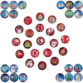 2 Sets 2 Styles Glass Cabochons, Half Round with Christmas Themed Pattern, Mixed Color, 25x7.5mm, 20pcs/set, 1 set/style