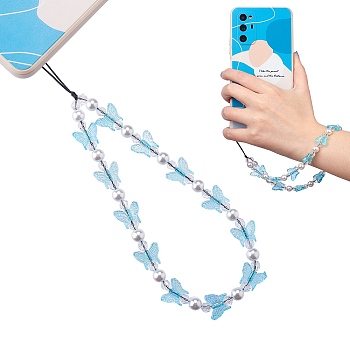 Acrylic Beaded Phone Lanyard, Wrist Straps Butterfly Beads Mobile Phone Lanyard for Woman Men, Cyan, 22cm