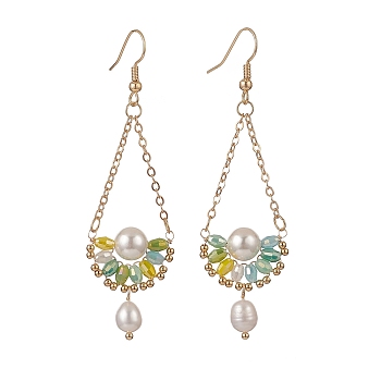 Natural Pearl & Glass Teardrop with Flower Dangle Earrings, Golden Brass Jewelry for Women, Yellow Green, 74mm, Pin: 0.5mm