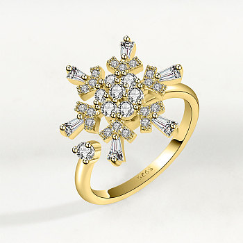 Snowflake 925 Sterling Silver Micro Pave Clear Cubic Zirconia Cuff Spinner Rings, Golden, Inner Diameter: 15~19mm