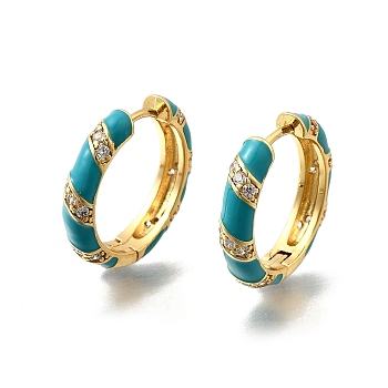 Brass Micro Pave Clear Cubic Zirconia Huggie Hoop Earrings, with Enamel, Ring, Real 18K Gold Plated, Teal, 20x4mm, Pin: 1mm
