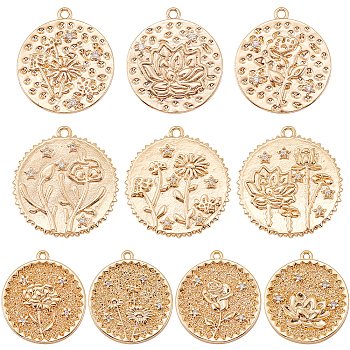 10Pcs 10 Style Brass Micro Pave Clear Cubic Zirconia Pendants, Flat Round with Daisy & Lotus & Rose, Real 18K Gold Plated, 19.5~23x17.5~21x2~2.5mm, Hole: 1~1.5mm, 1pc/style