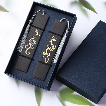 Dragon & Phoenix Pattern Wooden Bookmarks, Rectangle Bookmark with Tassel Pendant, Black, 140x27x2mm, 2pcs/set