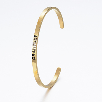 304 Stainless Steel Inspirational Cuff Bangles, with Enamel & Word Word Gratitude, Golden, 2-1/2 inchx2 inch(62x52mm)