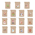 30Pcs 15 Styles Rectangle Jute Cloth Storage Pouches, Drawstring Bags, Santa Claus & Christmas Tree & Snowman & Christmas Wreath & Reindeer/Stag, Tan, Mixed Color, 13.7~14.3x9.9~10.1x0.25cm, 2pcs/style (ABAG-KS0001-03)