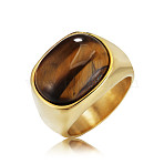 304 Stainless Steel with Natural Tiger Eye Finger Rings for Men, Oval, Golden, Golden, US Size 8(18.1mm)(FS-WG155DB-07)