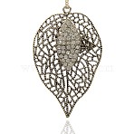 Antique Silver Alloy Crystal Rhinestone Leaf Necklace Big Pendants, 80x50x4mm, Hole: 3.5mm(ALRI-J045-01AS)