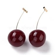 Lifelike Cherry Resin Dangle Stud Earrings, Fruit Brass Earrings for Girl Women, Light Gold, Dark Red, 56mm, Pin: 0.6mm(EJEW-F274-01B)