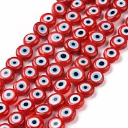Handmade Evil Eye Lampwork Flat Round Bead Strands, Red, 6x3mm, Hole: 1mm, about 65pcs/strand, 14 inch(X-LAMP-L058-6mm-17)