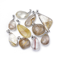 Natural Rutilated Quartz Pendants, with Brass Findings, Mixed Shapes, Platinum, 24~40x10~25x5~11mm, Hole: 4mm(G-R443-13A)