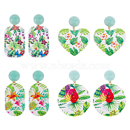 4 Pairs 4 Style Flower Enamel Dangle Stud Earrings, Acrylic Long Drop Earrings for Women, Rectangle & Heart & Oval & Flat Round, Mixed Color, 50~56x24~40mm, 1 pair/style(EJEW-FI0002-31)