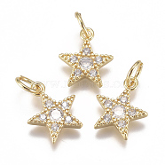 Brass Micro Pave Cubic Zirconia Charms, with Jump Ring, Long-Lasting Plated, Pentagram Star, Clear, Real 18K Gold Plated, 12x10x2mm, Hole: 3mm(ZIRC-F111-11G)