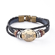 Braided Leather Cord Retro Multi-strand Bracelets, with Wood Beads, Hematite Beads and Alloy Findings, Flat Round,  Antique Bronze, Taurus, 8-1/4 inch(21cm)(BJEW-L616-20L)