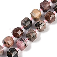 Natural Rhodonite Beads Strands, Faceted Table Cut Cube Beads, with Seed Beads, 8.5~9x9~9.5x9~9.5mm, Hole: 1mm, about 36~38pcs/strand, 15.35~15.55''(39~39.5cm)(G-B125-O07-01)