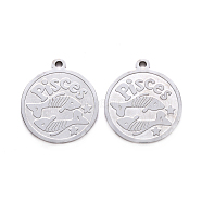 201 Stainless Steel Pendants, Flat Round with Twelve Constellation, Laser Cut, Stainless Steel Color, Pisces, 25x22x1.5mm, Hole: 2mm(STAS-R106-05)