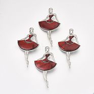 Shell Brooches/Pendants, with Resin Bottom and Alloy Findings, Dancer, Platinum, Red, 79x44x9.5mm, hole: 7x4mm, Pin: 0.7mm(RESI-S376-16C)